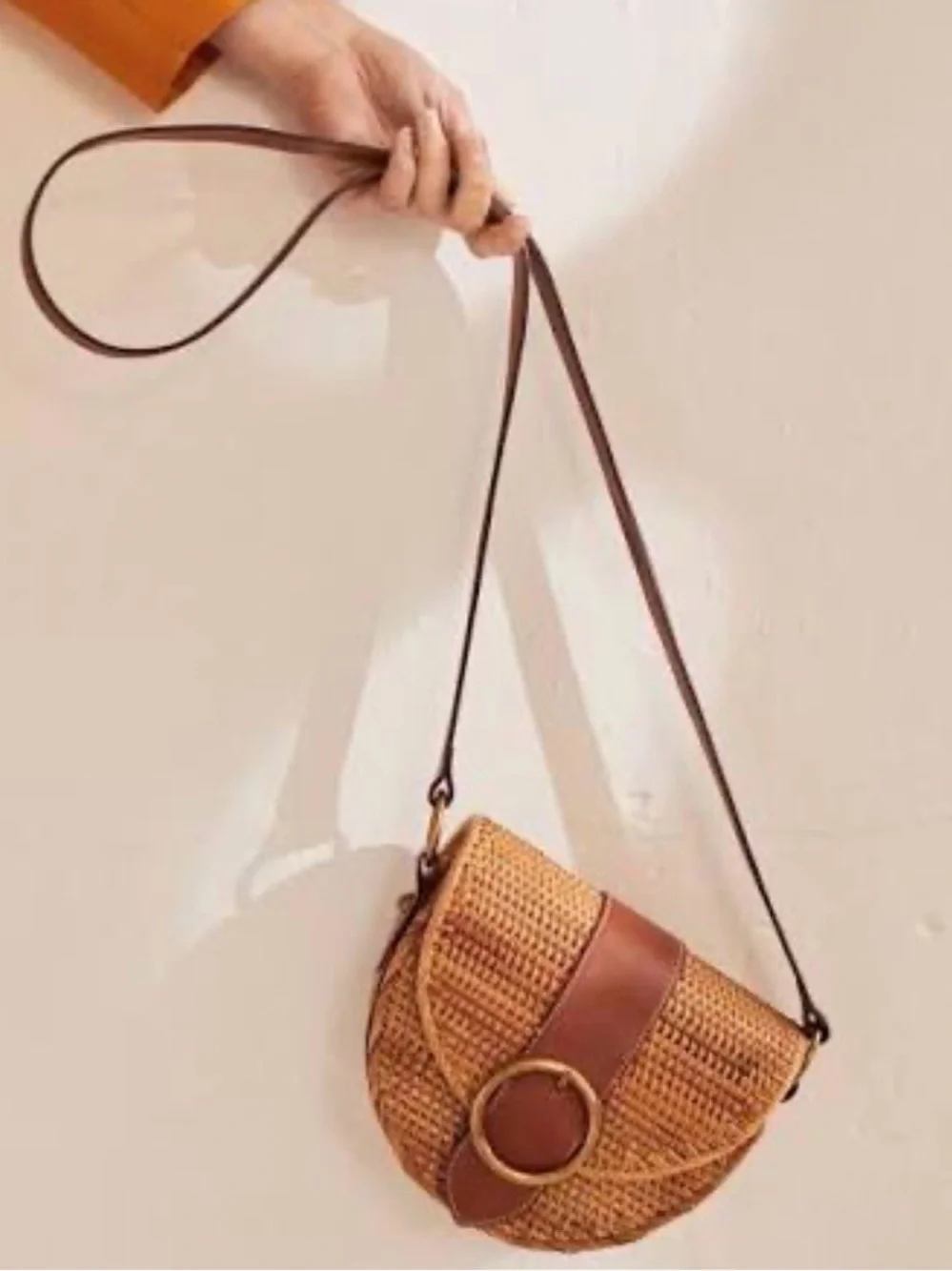 Massimo Dutti Brown Leather Rattan Wicker Crossbody Messenger Purse - Picture 4 of 7